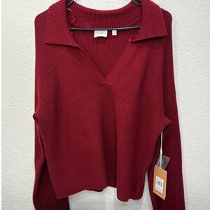 Cyrus Women Sweater Large Red‎ Collared V Neck Ribbed Knit Long Sleeve NWT